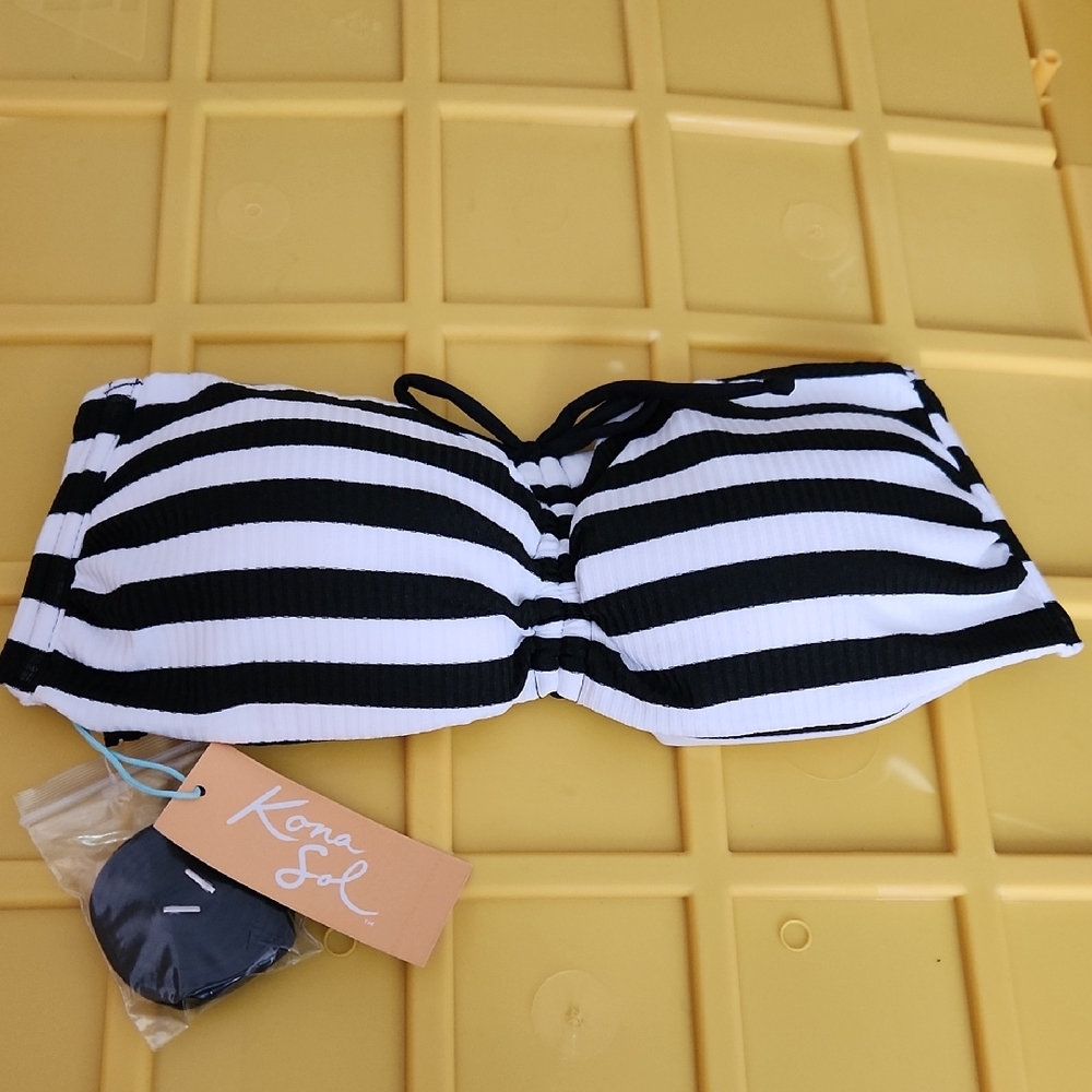 Kona Sol Black and White Striped Bikini Top